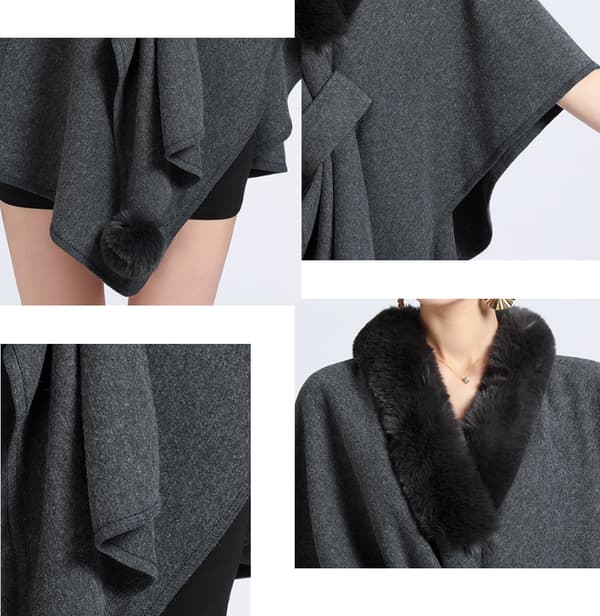Faux Fur Trim Cardigan Kappe Sjal til Efterår Vinter Grey