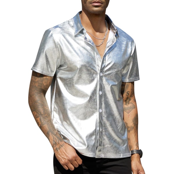 Sommarskjortor herr Kortärmade glänsande metalliska skjortor silver XXL