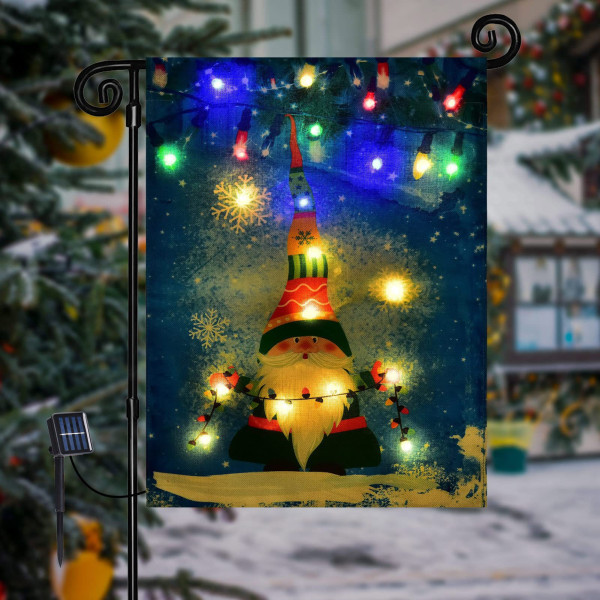 Jultomte Burlap Trädgårdsflagga Med Ljus - Solcells-LED Flaggor Banner Style 2