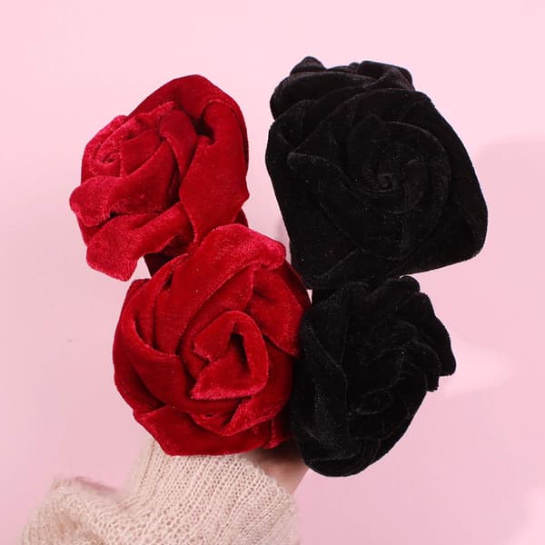 Brett Hårband Rosblomma Sammet Hårtillbehör Röd Black