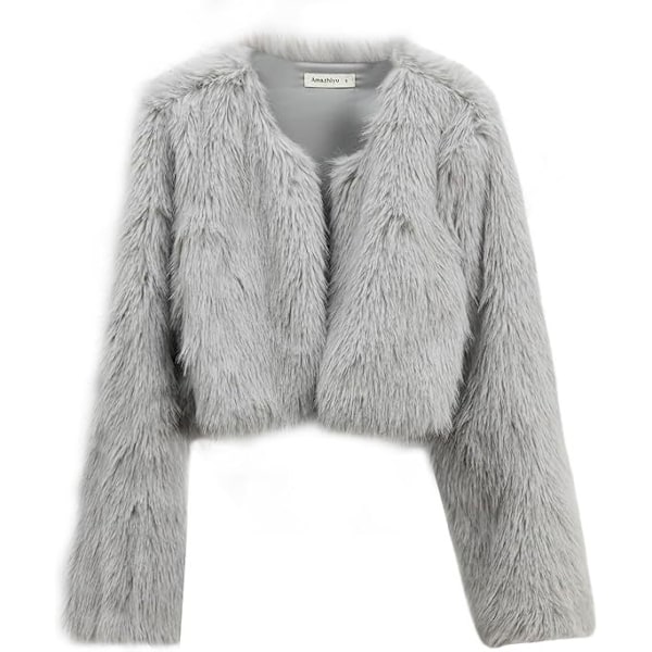 Kvinnors Mode Klippt Konstpälsjacka Långärmad Öppen Fram Kort Kavaj Grey XL