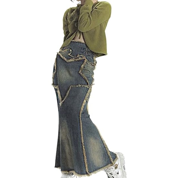 Kvinnor Trasig Fåll Denim Maxikjol Golvlång Lång Jeanskjol M