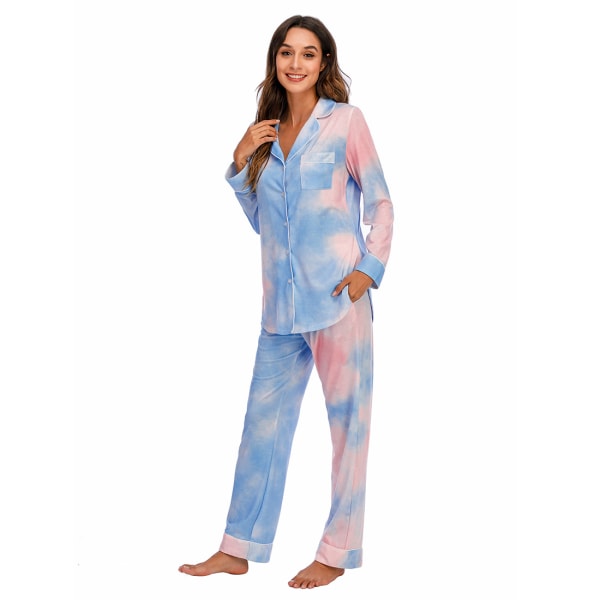 Pyjamas Set för Kvinnor, Långärmad, Knappar, Nattkläder, Bomull, Pj-Set Pink Blue M