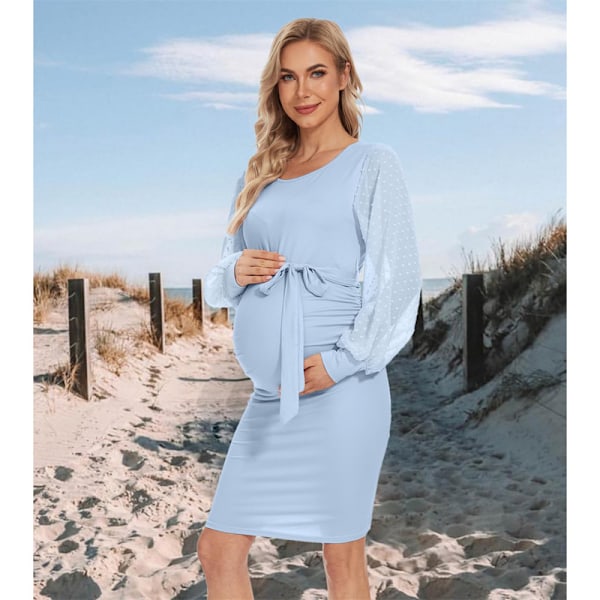 Blomstermønstret Mesh Bishop Langærmet Graviditets Midi Kjole, Efterårs Graviditets Bodycon Kjole Light Blue M