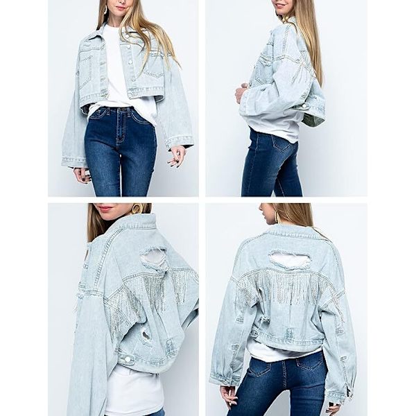 Damelanget Denimjakke med Frynser og Strass Light Blue M