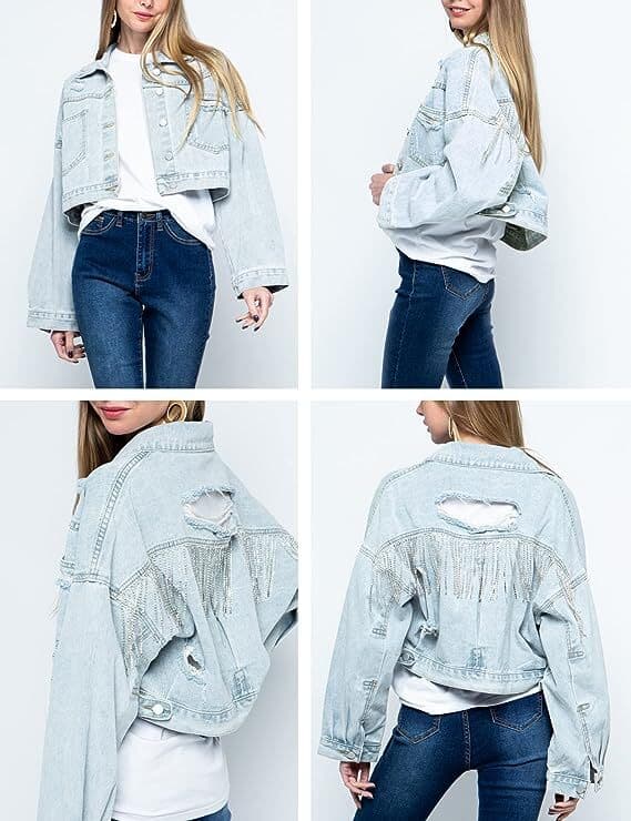 Damjeansjacka med lång ärm, fransar och strass Light Blue M