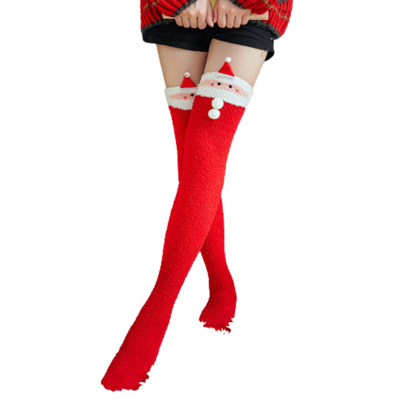 Damstrumpor med tecknad figur, fluffiga, vintervarma, över knäet Santa Claus