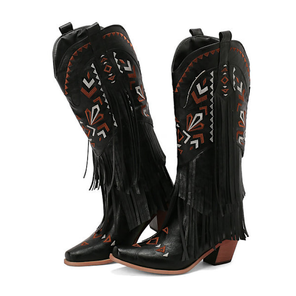 Damskor Cowgirl Boots Knähöga Fransboots Tassel Western Boots Black 37