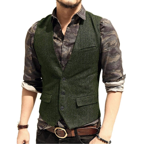 Herrar Herringbone Tweed Ylle Väst Enknäppt Slim Fit Väst Green M