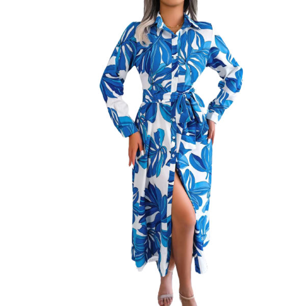Kvinnors eleganta temperament långärmade lapel A-linjeklänning Blue XXL