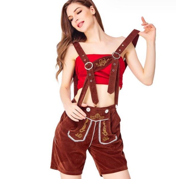 Oktoberfest Kvinders Plumber Bib Bukser Cos Kostume Black+Brown Strap M