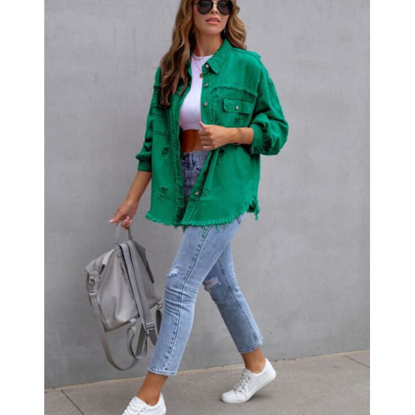 Mid-længde Hul Løstsiddende Denimjakke Kvinde Green L