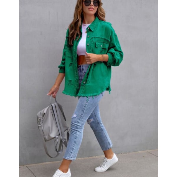 Mid-længde Hul Løstsiddende Denimjakke Kvinde Green M