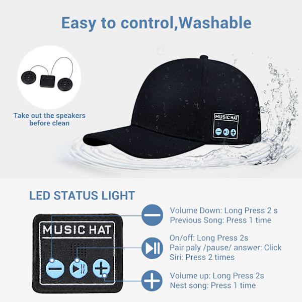 Mössa med Bluetooth högtalare Justerbar Bluetooth hatt Black
