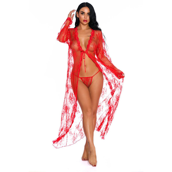Naisten seksikäs pitkä pitsi-aamutakki läpinäkyvä kimono-aamutakki Red L