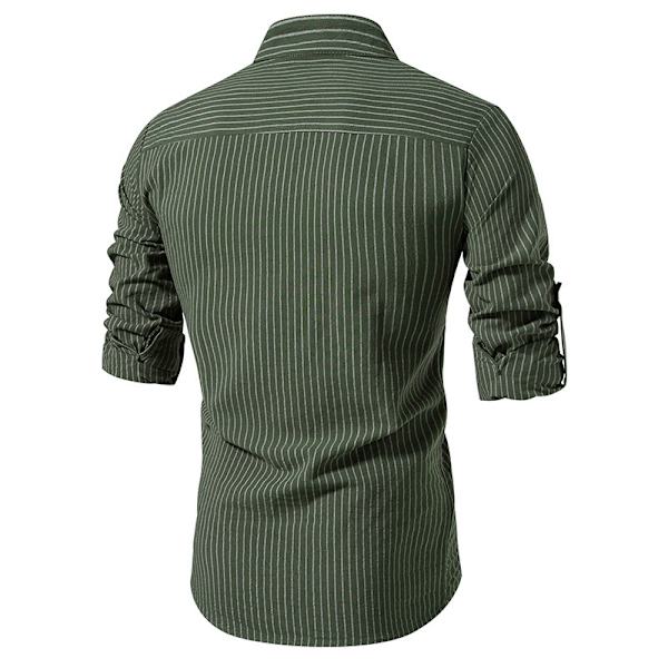 Hvit skjorte for menn med striper, stående krage og lange ermer Army Green M