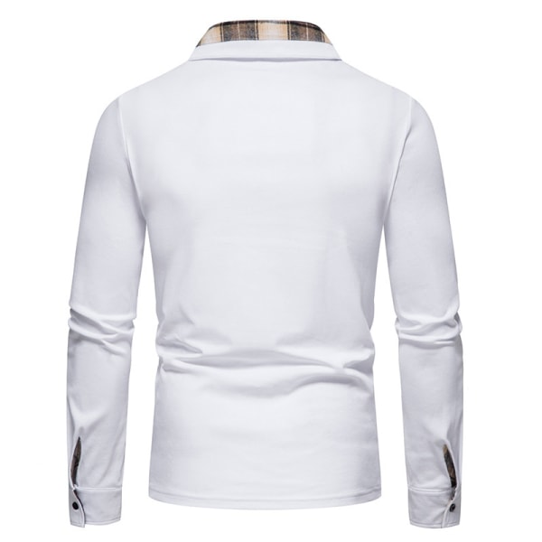 Långärmad rutig lapptröja för män Lapel Casual Shirt White XL