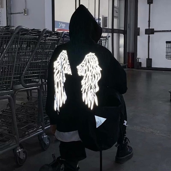 Menn Refleks Fleece Genser med Engelvinger Grafisk Gothic Hettestropp XL