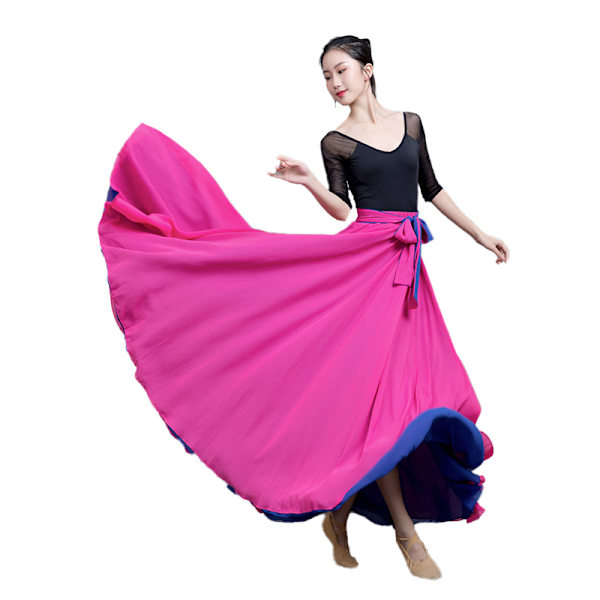 Dam Två Lager Vändbar Chiffong Lång Maxikjol för Dans Blue+Dark Pink XS