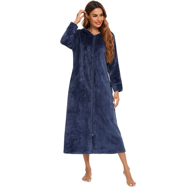 Kvinners Zip Up Robe Sweatshirt Robe Lang Hetterobe Blue M