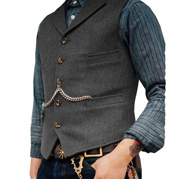 Herringbone tweed väst för män, retro V-ringad ull väst för bal Grey L