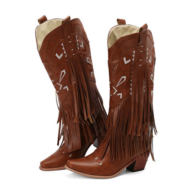 Naisten Cowboy-saappaat Polven Korkuiset Franssit Saappaat Tupsu Western Saappaat Brown 37