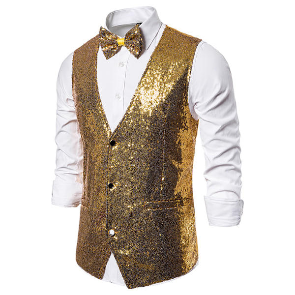 Mænds Skinnende Sequin Vest V-Hals Regular-Fit Festkjole Suit Waistcoat Butterfly 2 Dele Silver L