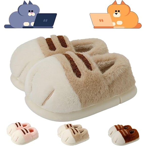 Damkatt Tofflor, 3D Katt Tass Cartoon Tofflor Khaki 40-41