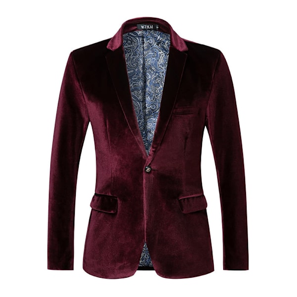 Herre Velvet Blazer Slim Fit Mote Solid Dressjakke Wine Red 2XL