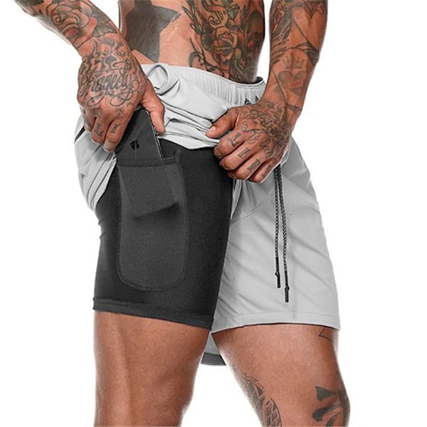 Mænds 2 i 1 Løbeshorts Åndbare Aktive Fitness Shorts Light Grey M