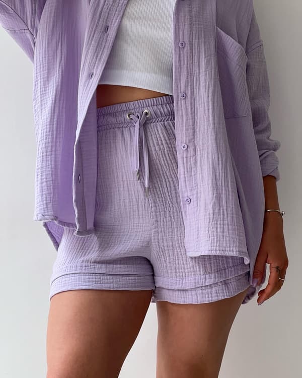 Dam 2-delad byxa set Linne Shirtort set Light Purple S