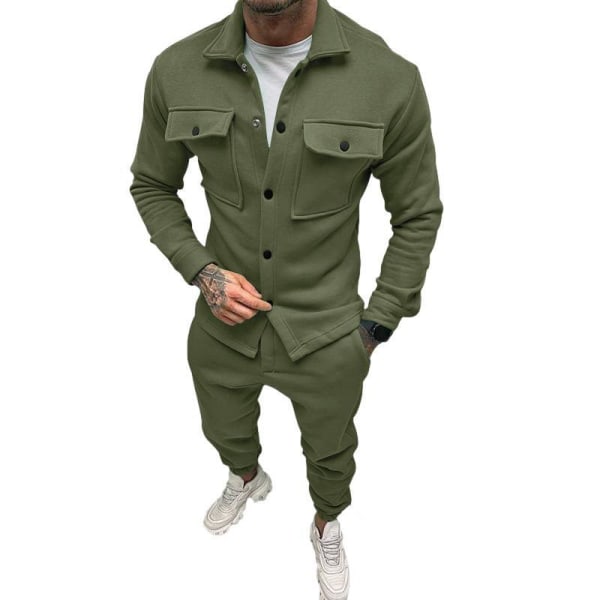 Mænds Langærmede Træningssæt 2 Dele Corduroy Sweatsuits Vintertøj Army Green XL