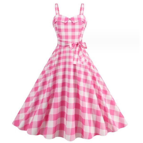 Rosa Polka Dot Rutig Halter Dress Pink Bow 2XL