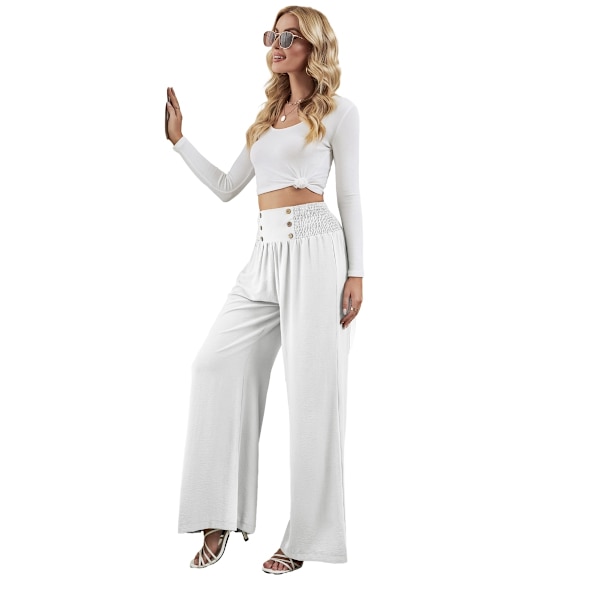 Damernas avslappnade långa Palazzo-byxor, elastisk hög midja, vida ben, lösa byxor WHITE 2XL
