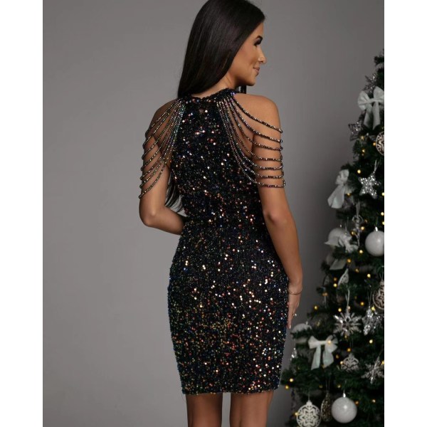 Sexy Off Shoulder Sequin Kveldsfest Mini Kjole for Kvinner Black M