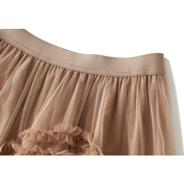 Kvinners Søt Elastisk Midje Tyll Lagdelt Ruffles Mesh Lang Lagdelt Skjørt Brown
