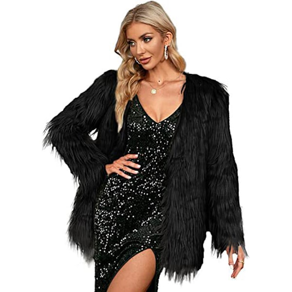 Dame Langærmet Fluffy Faux Fur Varmt Frakke Black L