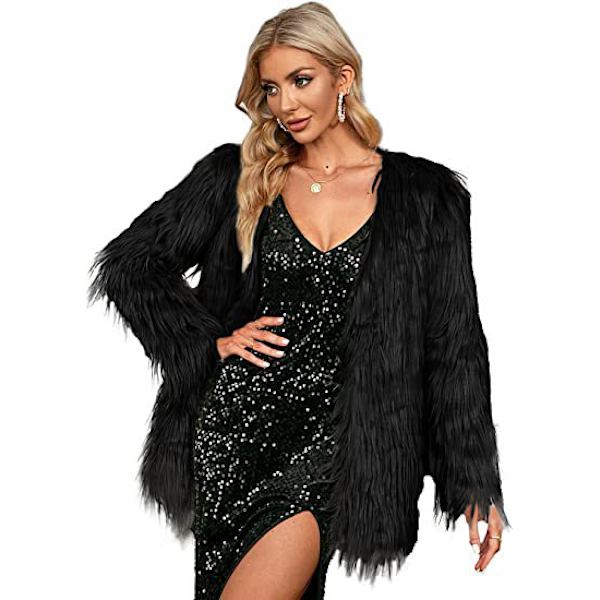 Dame Langærmet Fluffy Faux Fur Varmt Frakke Black M