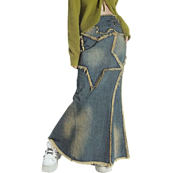Kvinnor Trasig Fåll Denim Maxikjol Golvlång Lång Jeanskjol M