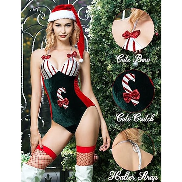 Julunderkläder för kvinnor Sexig Santa V-ringad Halterdräkter Sammet Bodysuit Red