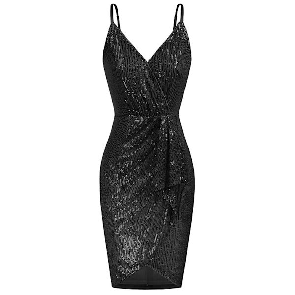 Kvinders Dyb V-Udsnit Party Mini Kjole, Sequin Aftenkjole black S