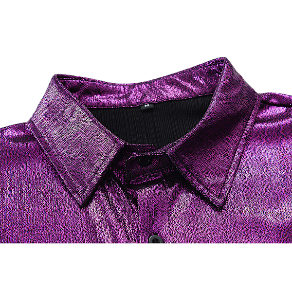 Menn Metallic Kortsermet Skjorte Disco Nattklubb Fest T-skjorter Purple L