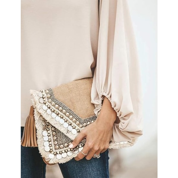 Kvinners V-hals Chiffon Skjorte Casual Lantern Erme Topp Apricot S