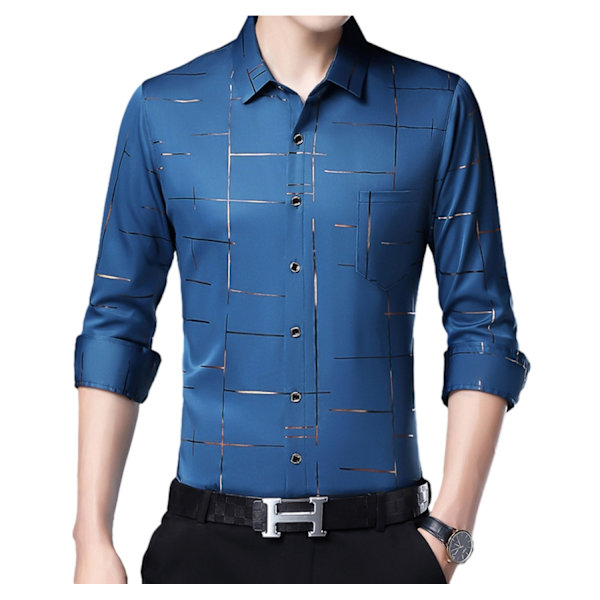 Mænds Trykt Lapel Business Casual Langærmet Skjorte Blue M