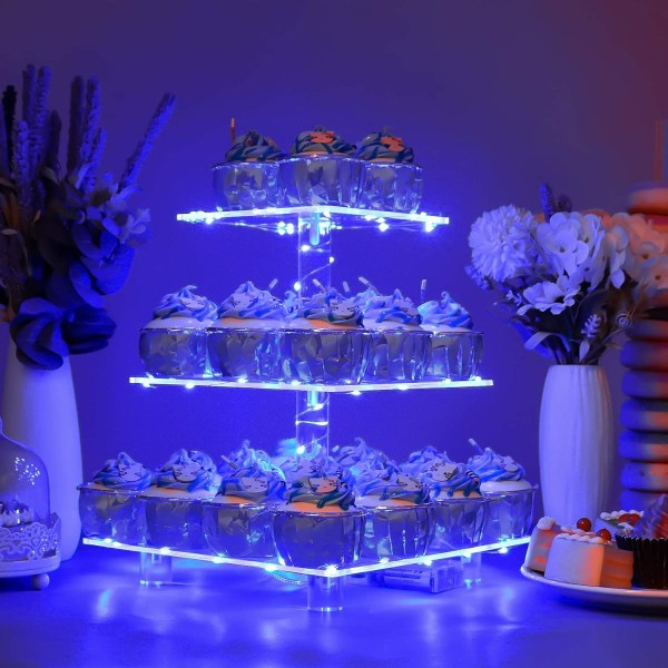 3-trinns kakepyramide i akryl med LED-lys for bursdager og bryllup blue