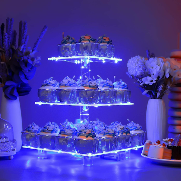 3-vånings Cupcakesställ i Akryl med LED-belysning för Födelsedagar och Bröllop blue