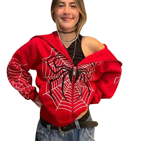 Y2k Fuldt Lynlås Hoodie Kvinder Oversized Goth Sweatshirt Red M