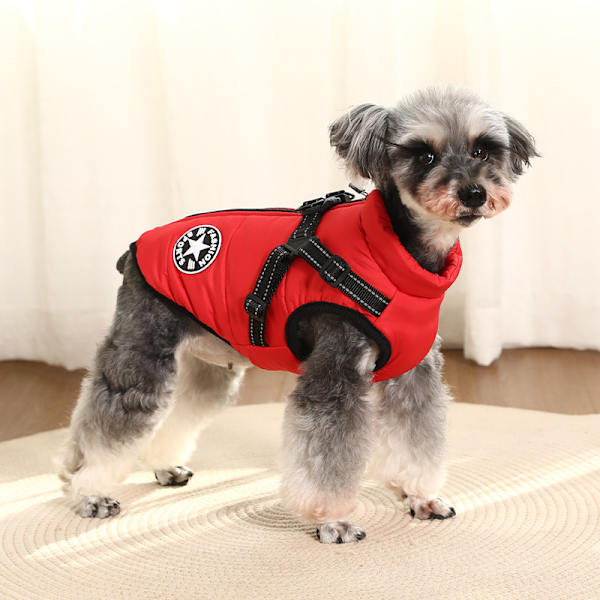 Hundevinterjakke med Sele, Vandafvisende Hundejakke med Lynlås og Fleece Red L