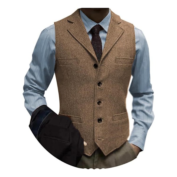 Miesten tweed-puku vintage-liivi kalanruoto villa juhlavest Brown M