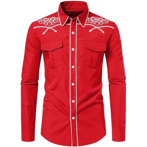 Herre Western Cowboy Skjorte Mote Slank Passform Design Red 2 S